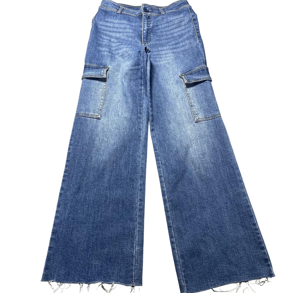 OAT New York Jeans Womens 4 Blue Med Wash High Rise Wide Leg Cargo 30x31 Denim